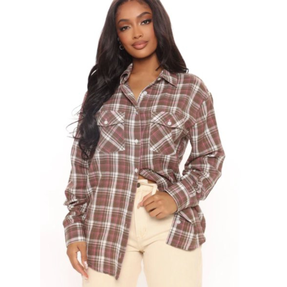 Fashion Nova Cabin Stay Plaid Shirt - Brown/combo